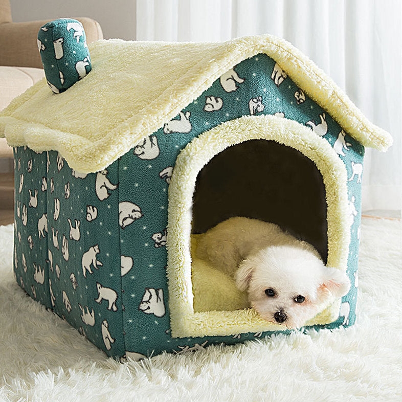 Cuccia per cani morbida a forma di casetta smontabile - Orsetti verde