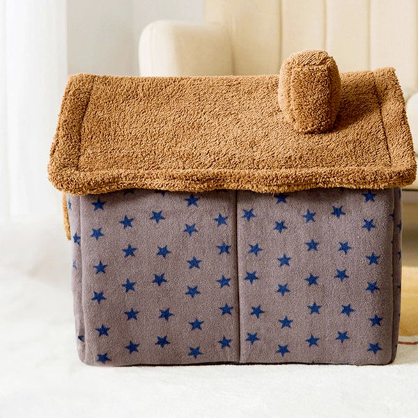 Cuccia per cani morbida a forma di casetta smontabile - Stelline blu