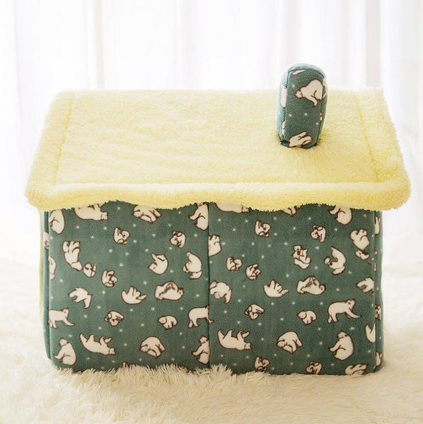 Cuccia per cani morbida a forma di casetta smontabile - Orsetti verde