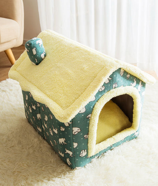 Cuccia per cani morbida a forma di casetta smontabile - Orsetti verde