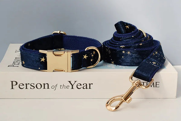 Personalizzabile - set collare per cani stelline dorate blu
