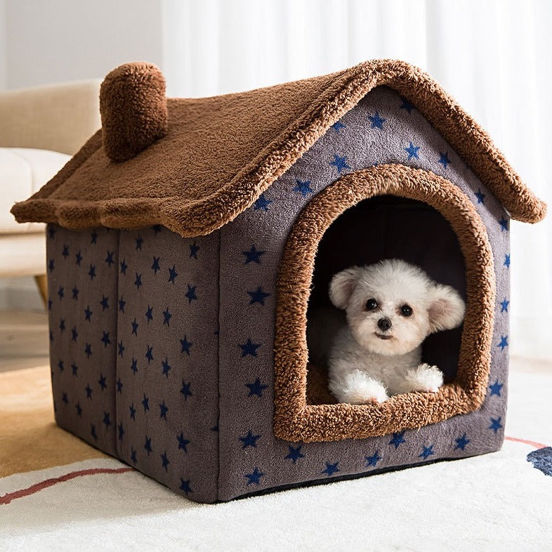 Cuccia per cani morbida a forma di casetta smontabile - Stelline blu