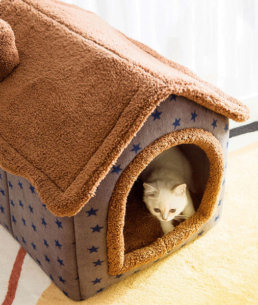 Cuccia per cani morbida a forma di casetta smontabile - Stelline blu