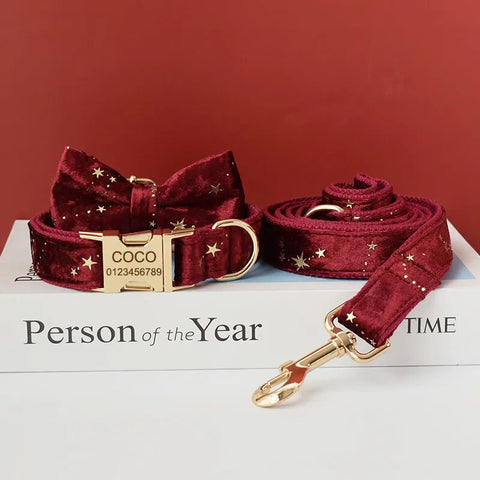 Personalizzabile - set collare per cani stelline dorate rosso