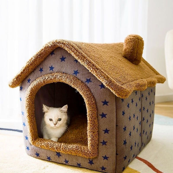 Cuccia per cani morbida a forma di casetta smontabile - Stelline blu
