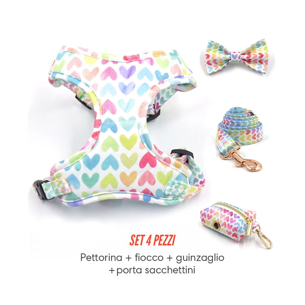 Set pettorina per cani morbida cuoricini arcobaleno