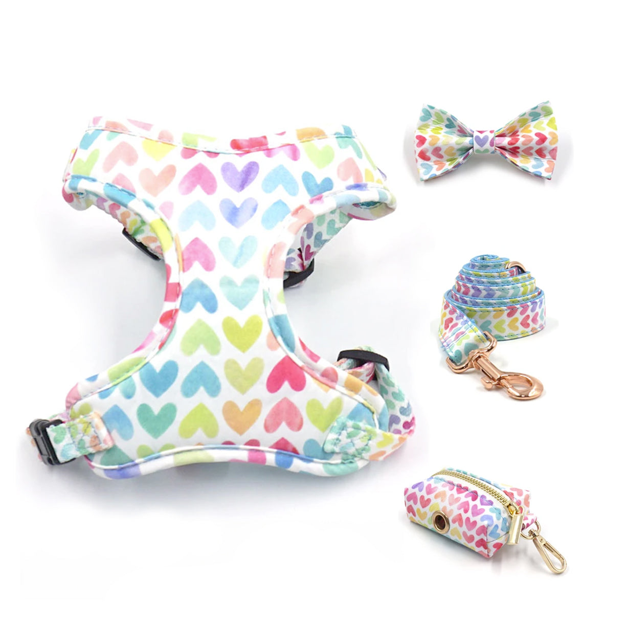 Set pettorina per cani morbida cuoricini arcobaleno