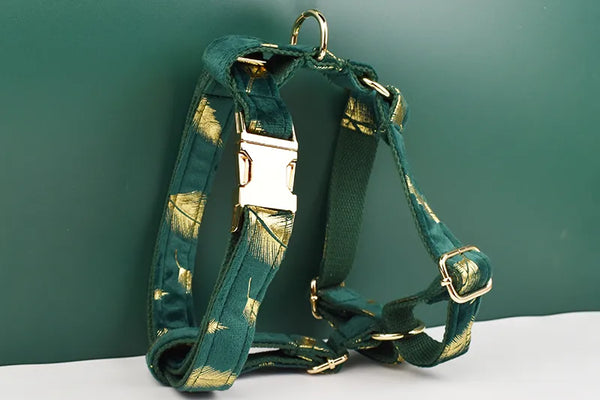 Personalizzabile - set pettorina per cani piume oro verde