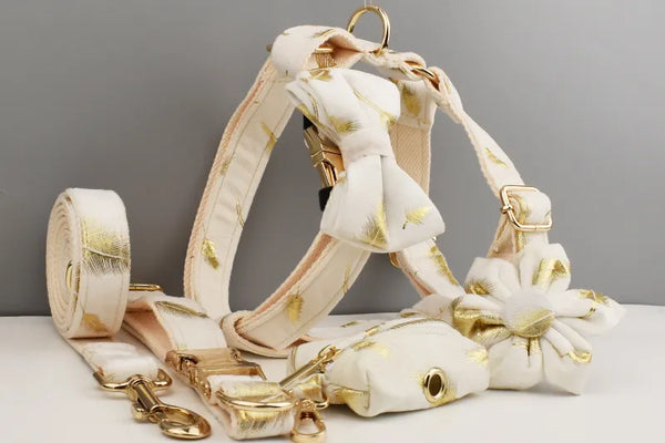 Personalizzabile - set pettorina per cani piume oro avorio