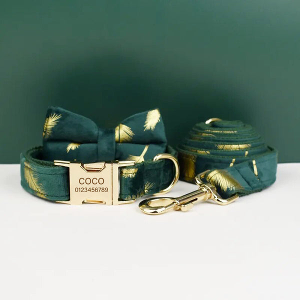 Personalizzabile - set pettorina per cani piume oro verde