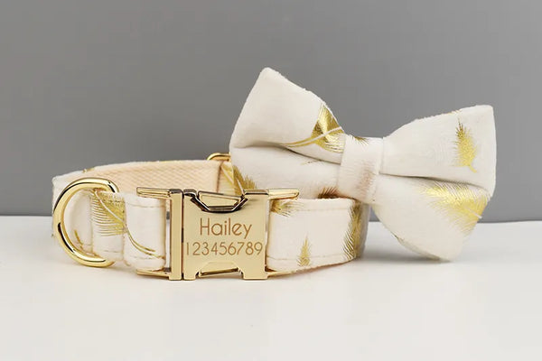Personalizzabile - set pettorina per cani piume oro avorio