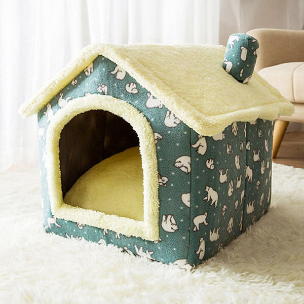 Cuccia per cani morbida a forma di casetta smontabile - Orsetti verde