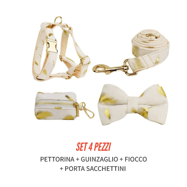 Personalizzabile - set pettorina per cani piume oro avorio