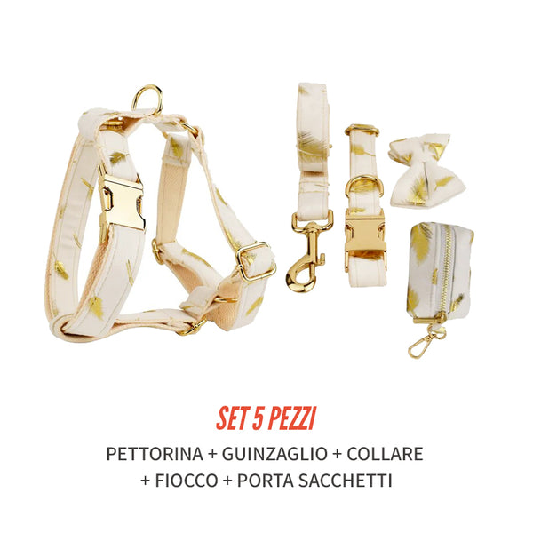Personalizzabile - set pettorina per cani piume oro avorio