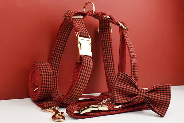 Personalizzabile - set pettorina per cani a quadretti rosso