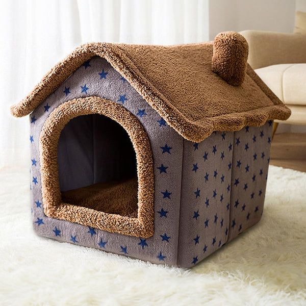 Cuccia per cani morbida a forma di casetta smontabile - Stelline blu
