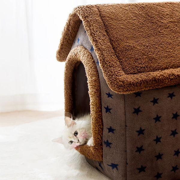 Cuccia per cani morbida a forma di casetta smontabile - Stelline blu