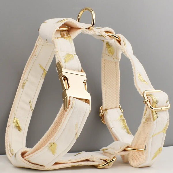 Personalizzabile - set pettorina per cani piume oro avorio