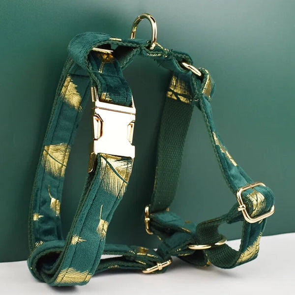 Personalizzabile - set pettorina per cani piume oro verde