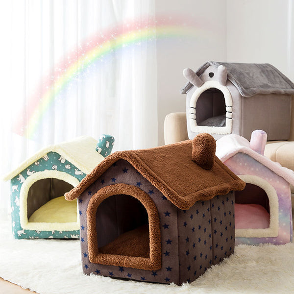 Cuccia per cani morbida a forma di casetta smontabile - Stelline blu