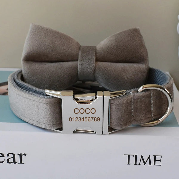 PERSONALIZZABILE - SET COLLARE PER CANI IN VELLUTO GRIGIO