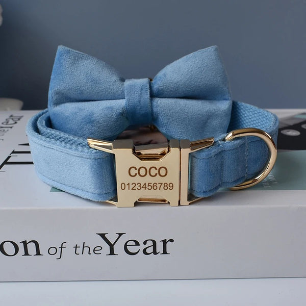 PERSONALIZZABILE - SET COLLARE PER CANI IN VELLUTO CELESTE