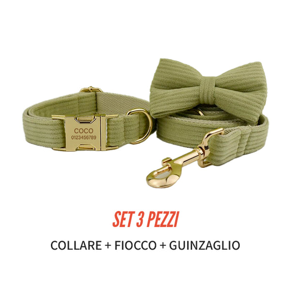 PERSONALIZZABILE - SET COLLARE PER CANI IN VELLUTO PISTACCHIO A COSTE