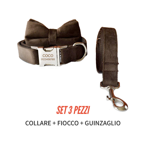 PERSONALIZZABILE - SET COLLARE PER CANI IN VELLUTO CIOCCOLATO