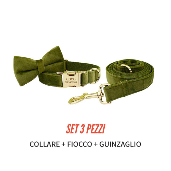 PERSONALIZZABILE - SET COLLARE PER CANI IN VELLUTO VERDE MILITARE