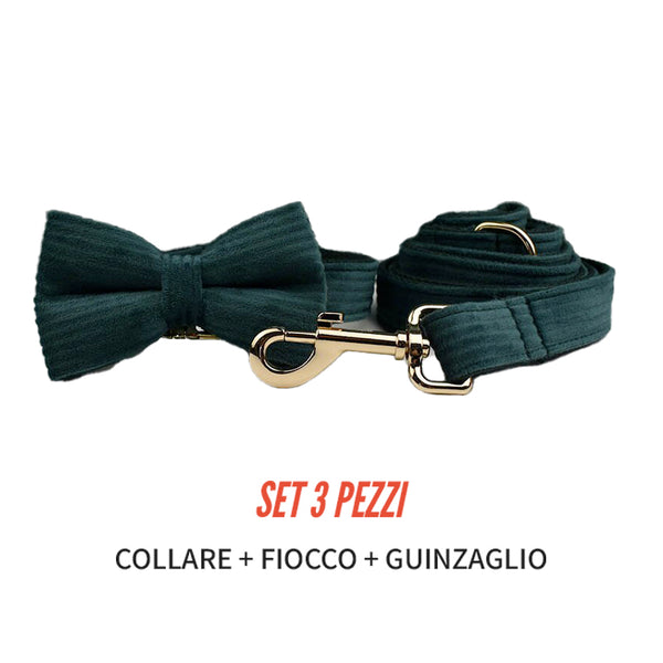 PERSONALIZZABILE - SET COLLARE PER CANI IN VELLUTO VERDE PETROLIO A COSTE