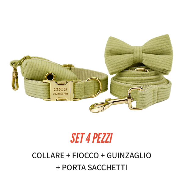 PERSONALIZZABILE - SET COLLARE PER CANI IN VELLUTO PISTACCHIO A COSTE