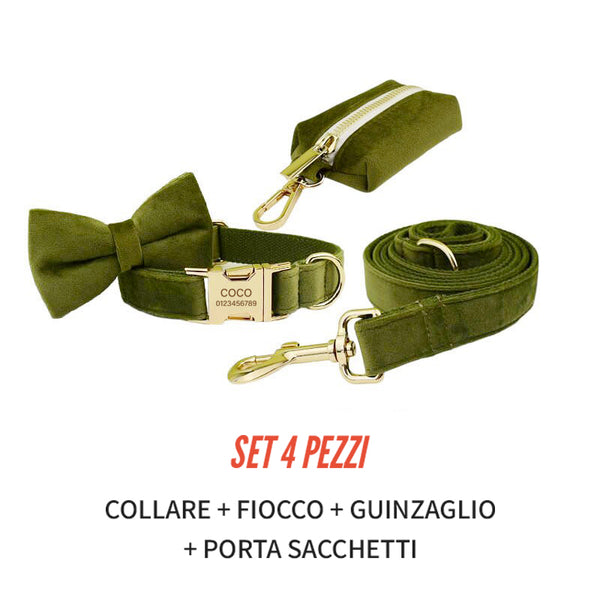 PERSONALIZZABILE - SET COLLARE PER CANI IN VELLUTO VERDE MILITARE