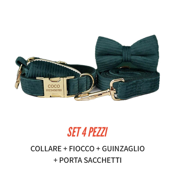 PERSONALIZZABILE - SET COLLARE PER CANI IN VELLUTO VERDE PETROLIO A COSTE