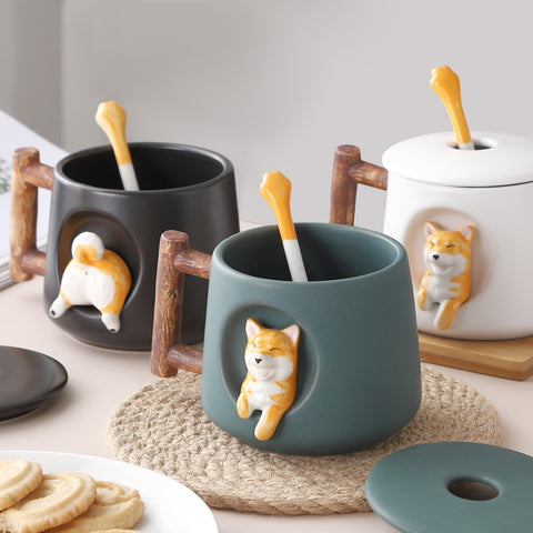 TAZZA IN CERAMICA CON COPERCHIO E CUCCHIAIO SHIBA INU