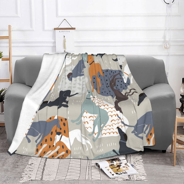 FLEECE BLANKET WITH DOGS GRAY ORANGE