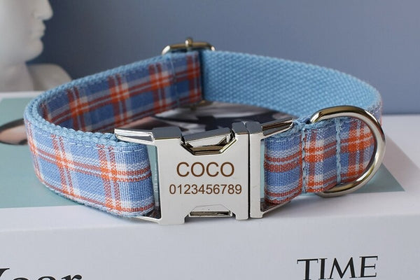 PERSONALIZZABILE - SET COLLARE PER CANI A QUADRETTI CELESTE E ARANCIONE