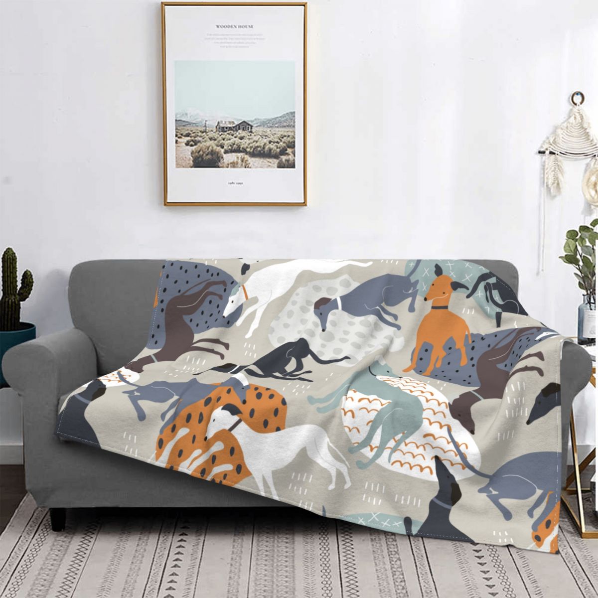 FLEECE BLANKET WITH DOGS GRAY ORANGE