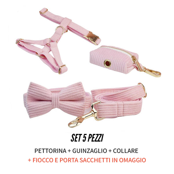 PERSONALIZZABILE - SET PETTORINA PER CANI IN VELLUTO ROSA CONFETTO A COSTE