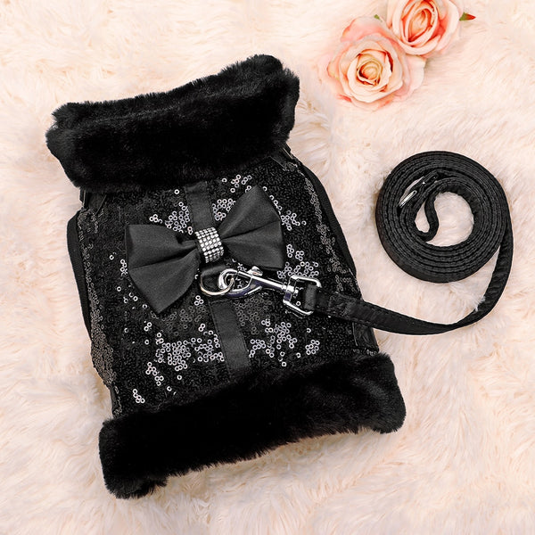 SET PETTORINA PER CANI PAILLETTES CON FIOCCO E PELLICCIA