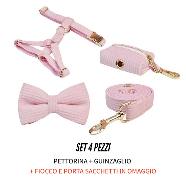 PERSONALIZZABILE - SET PETTORINA PER CANI IN VELLUTO ROSA CONFETTO A COSTE