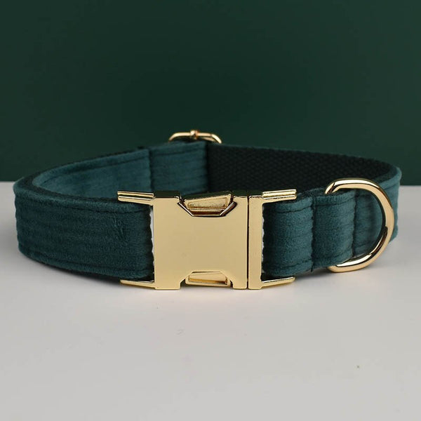 PERSONALIZZABILE - SET COLLARE PER CANI IN VELLUTO VERDE PETROLIO A COSTE
