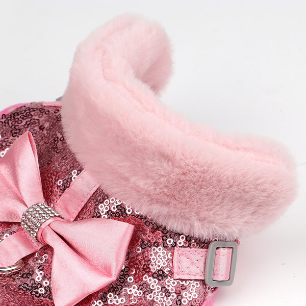 SET PETTORINA PER CANI PAILLETTES CON FIOCCO E PELLICCIA