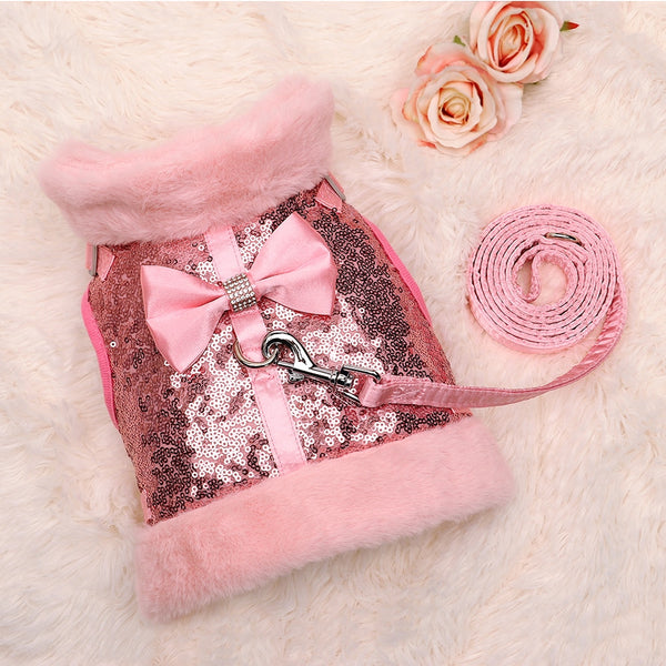 SET PETTORINA PER CANI PAILLETTES CON FIOCCO E PELLICCIA