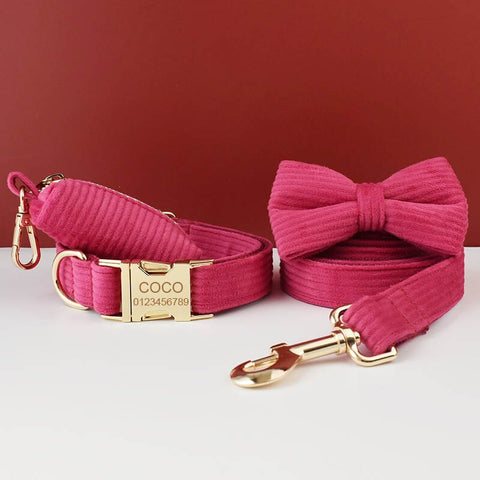 PERSONALIZZABILE - SET COLLARE PER CANI IN VELLUTO ROSA FRAGOLA A COSTE
