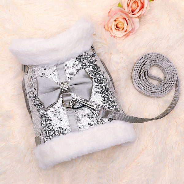 SET PETTORINA PER CANI PAILLETTES CON FIOCCO E PELLICCIA