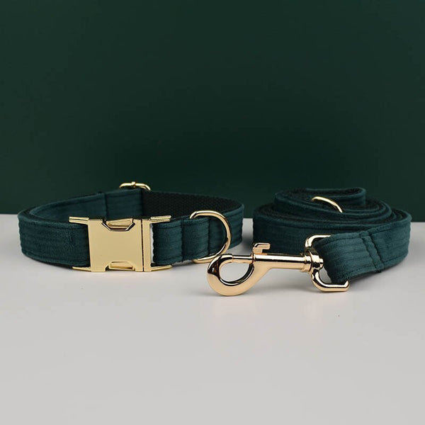 PERSONALIZZABILE - SET COLLARE PER CANI IN VELLUTO VERDE PETROLIO A COSTE