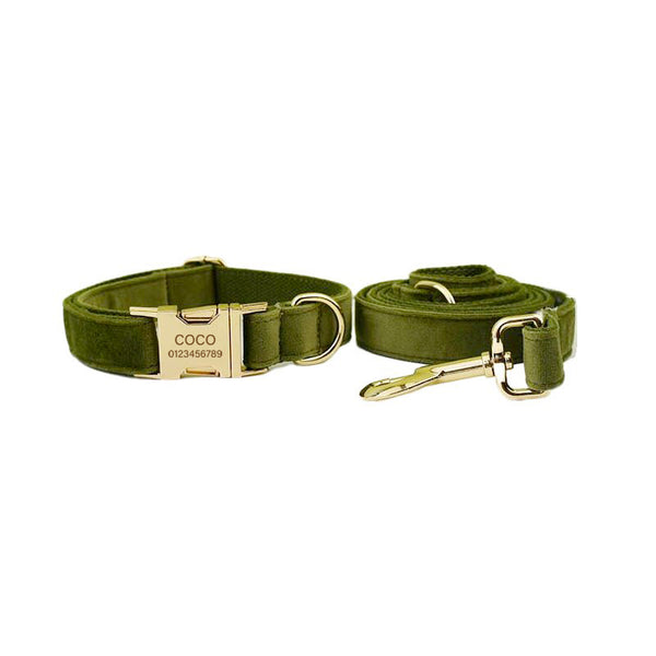 PERSONALIZZABILE - SET COLLARE PER CANI IN VELLUTO VERDE MILITARE