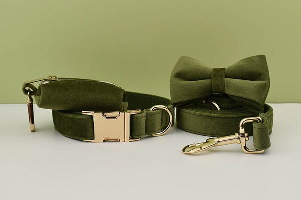 PERSONALIZZABILE - SET COLLARE PER CANI IN VELLUTO VERDE MILITARE
