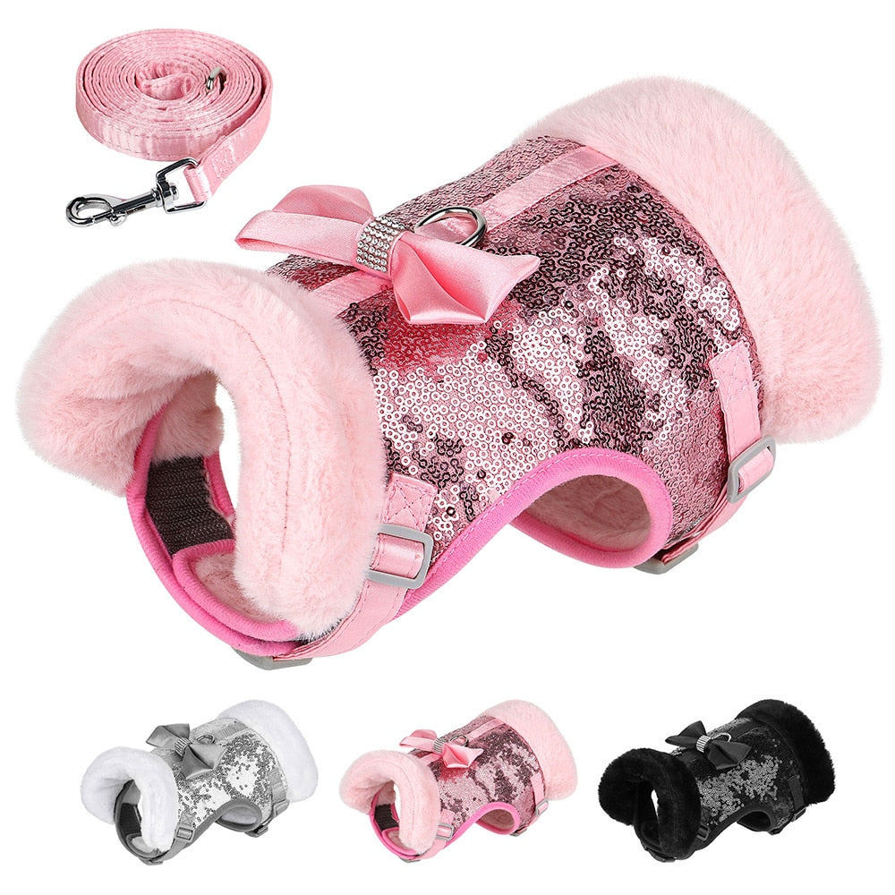 SET PETTORINA PER CANI PAILLETTES CON FIOCCO E PELLICCIA