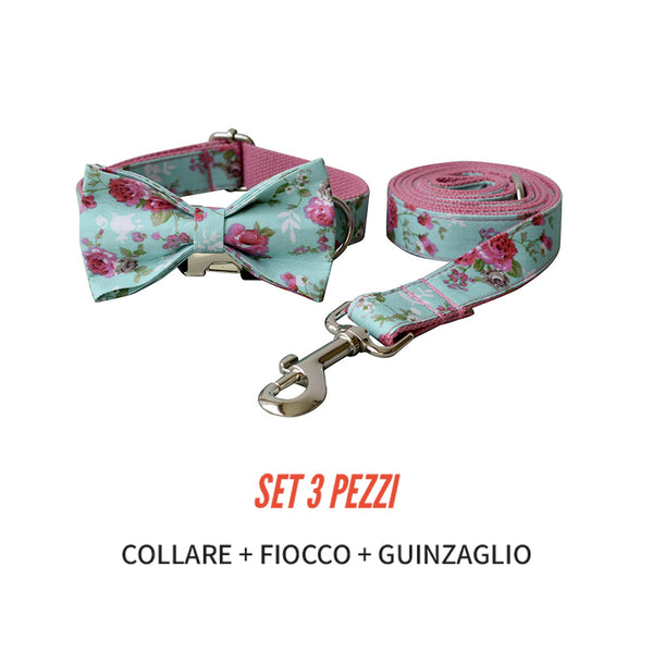 PERSONALIZZABILE - SET COLLARE PER CANI A FIORI AZZURRO E ROSA